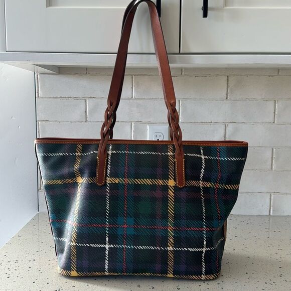 DOONEY & BOURKE Multicolored Leather Plaid Shopper Tote Shoulder Handbag Top Zip - Picture 2 of 16